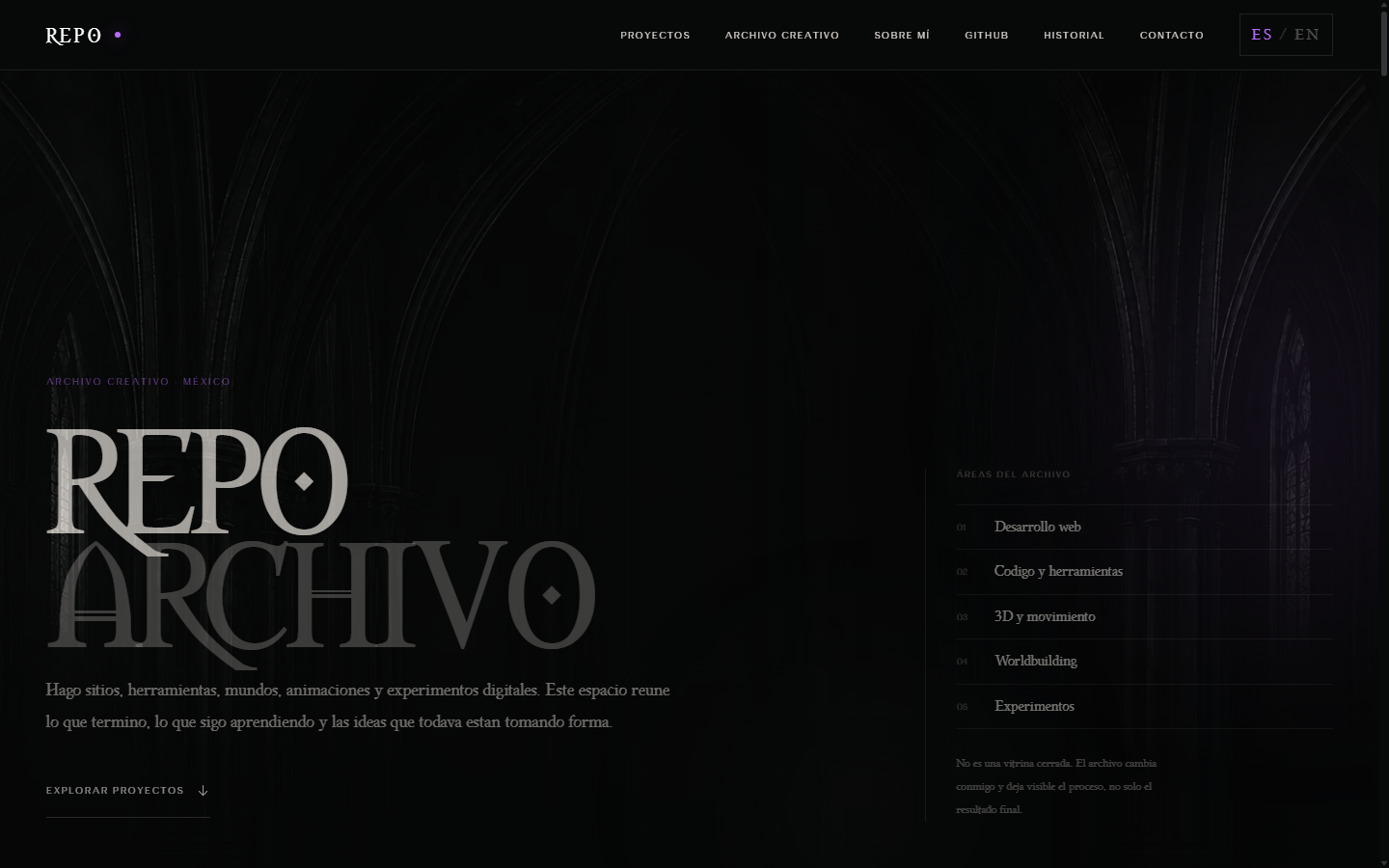 Portada de REPO Portfolio con arquitectura gótica oscura, título Archivo e índice de disciplinas.